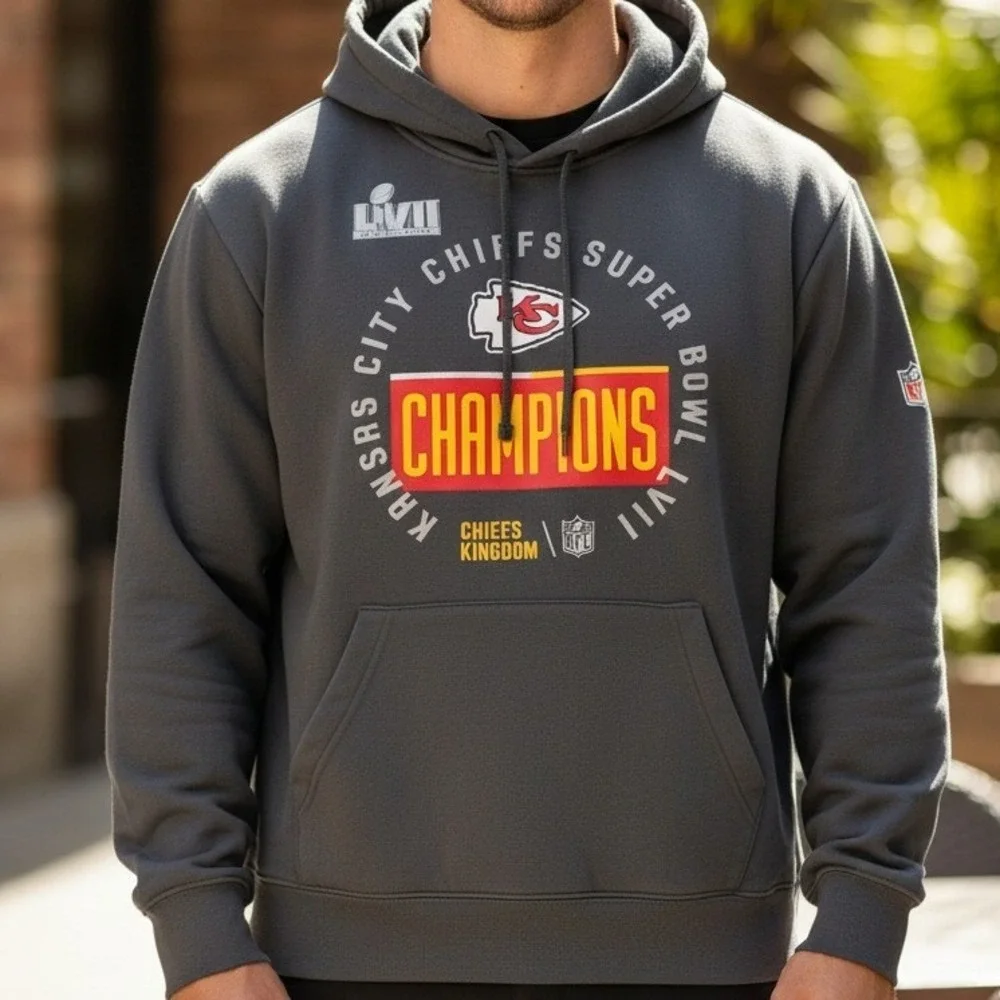 Nike Kansas City Chiefs Super Bowl LVII Champions Hoodie Charcoal Gray Mens M‎